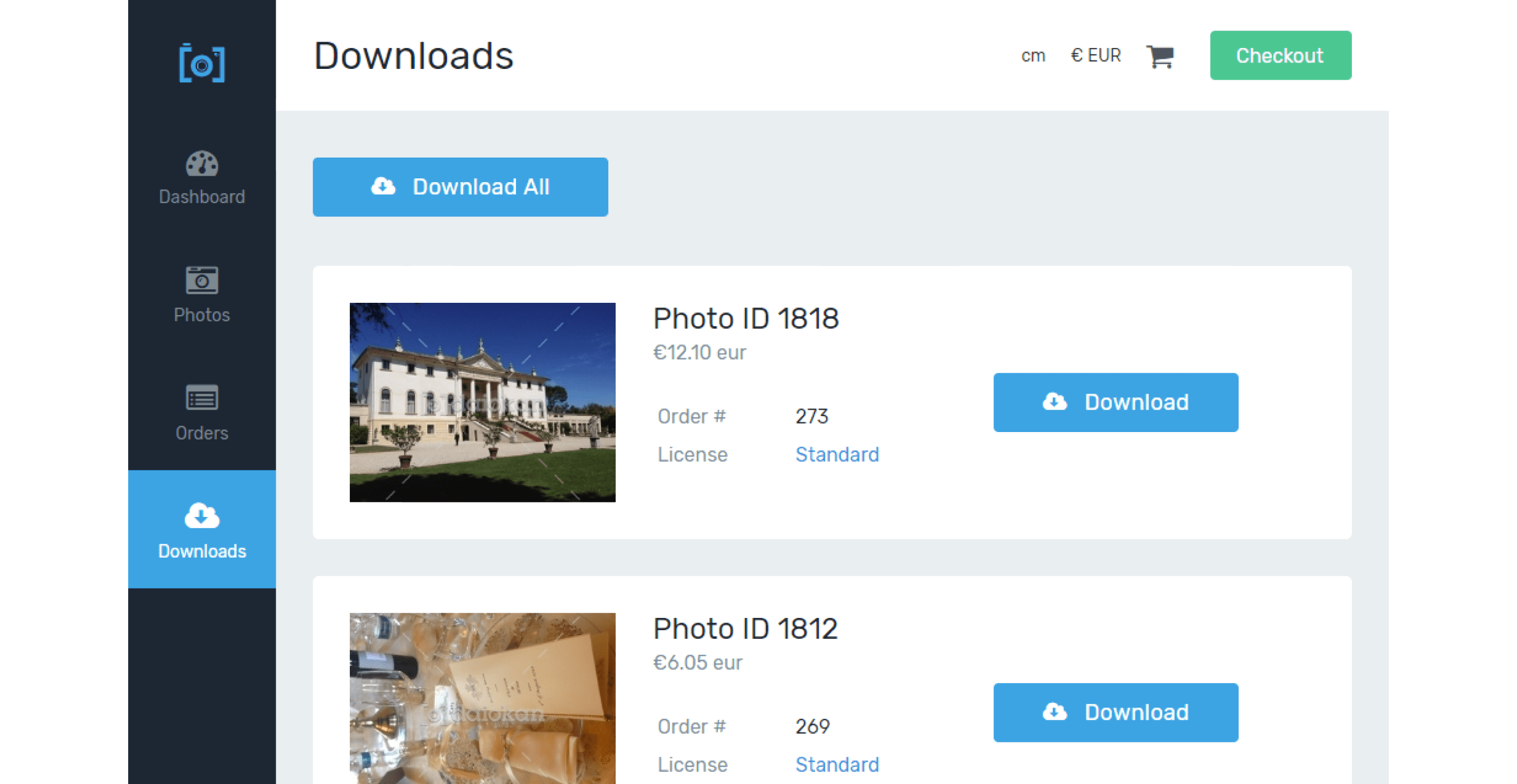 A Daiokan's list of photos for downloads and their prices