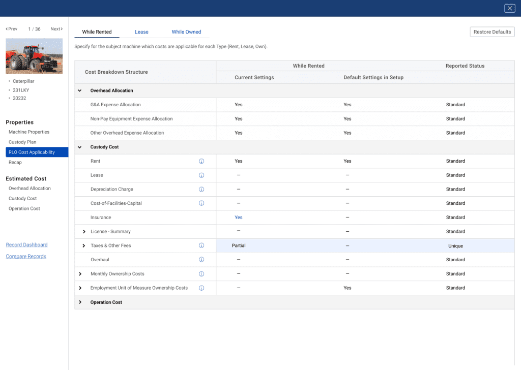 cost management machinery properties page